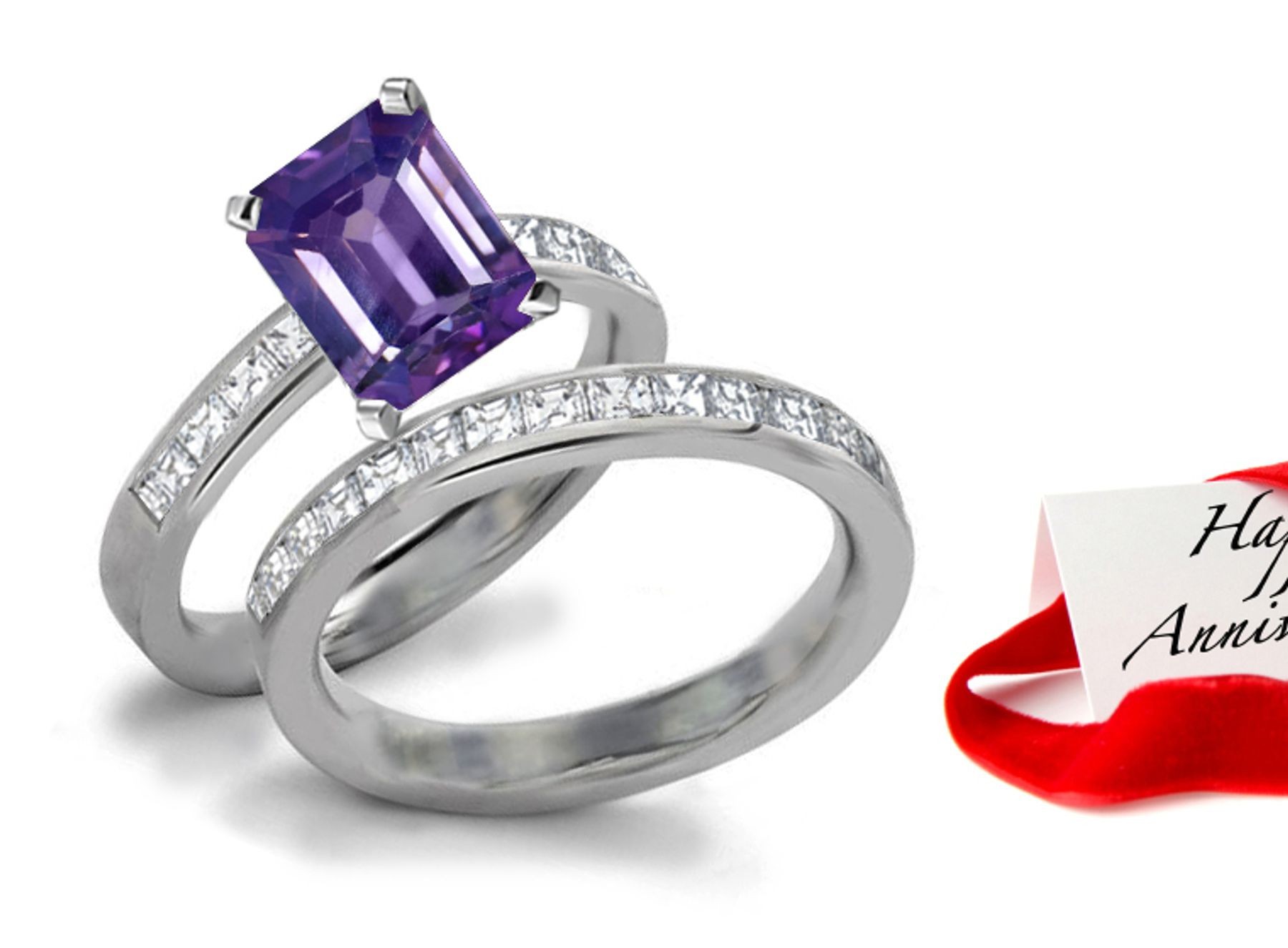 Glittering: Royal Rich Purple Sapphire & Gleaming Diamond Engagement & Wedding Bands