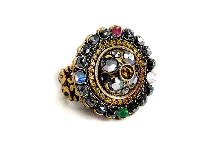 For Radiance & Illumination: Olivine and Hematite Crystal Ruby Emerald Sapphire Diamond Medallion Ring in Gold