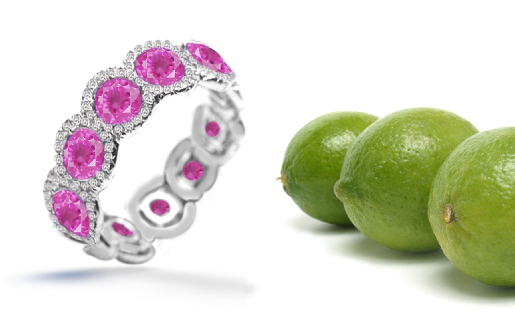 Pink Sapphire Round & Diamond Wedding Bands