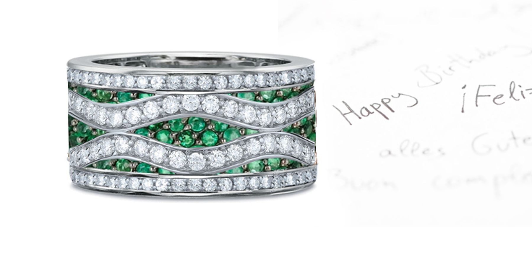 NEW EDITION: Designer 6 mm Wide Micropave Diamond Emerald Double Wave Band