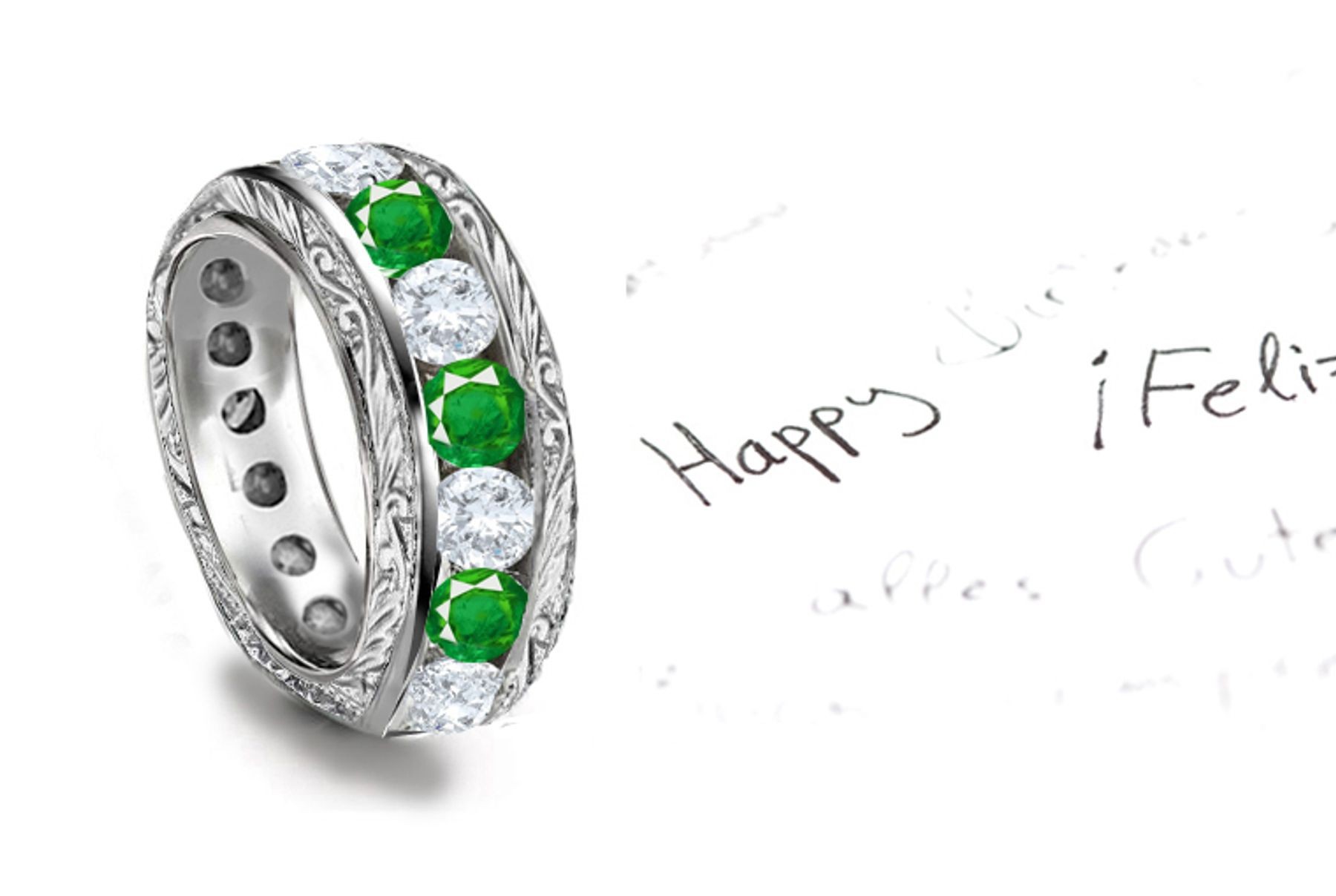 Nature Inpired Expression: Victorian Scrolls & Motifs Emerald & Diamond Band with Velvety Green Emeralds