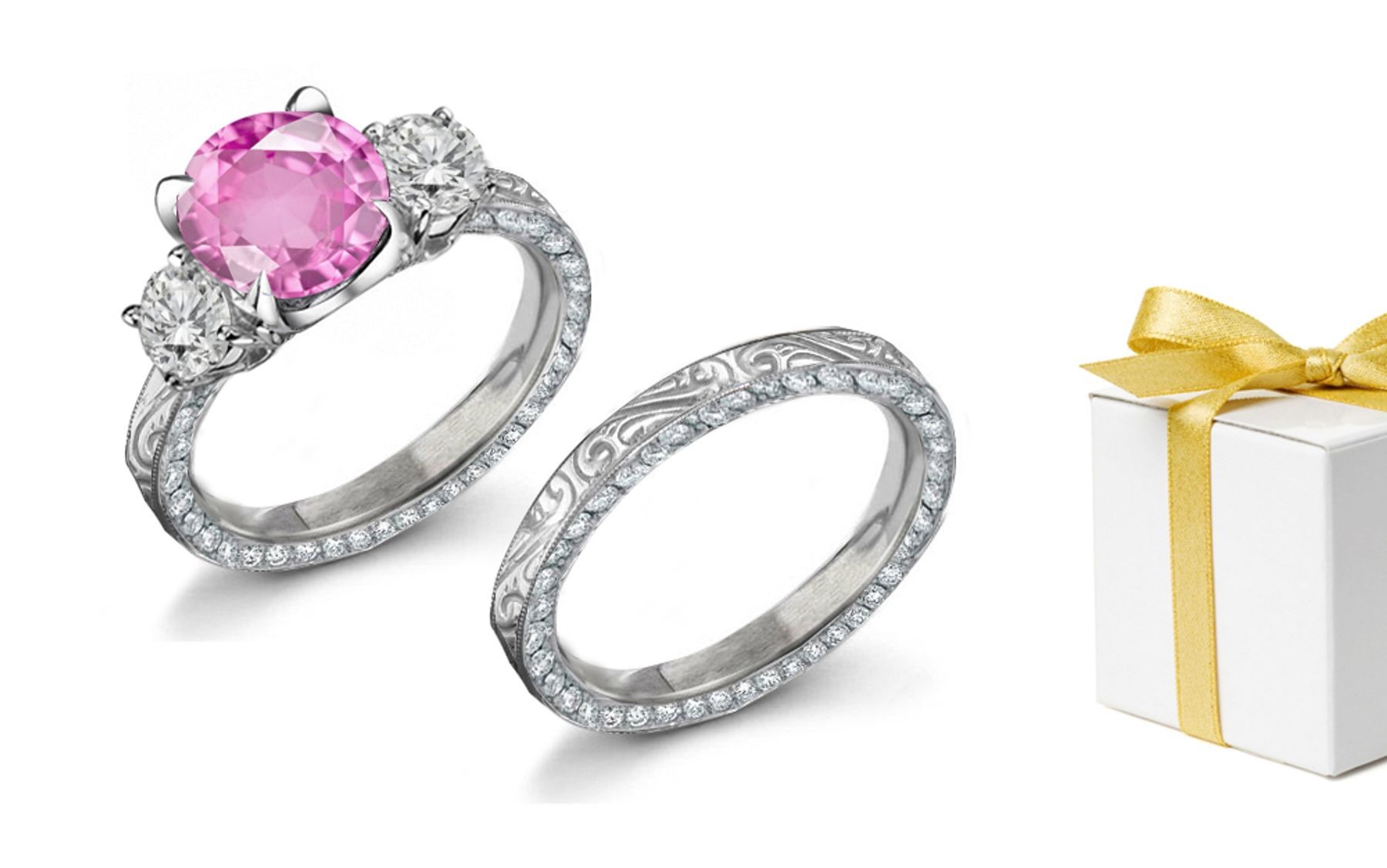 Hand Engraved: Pink Sapphire & Diamond Ring