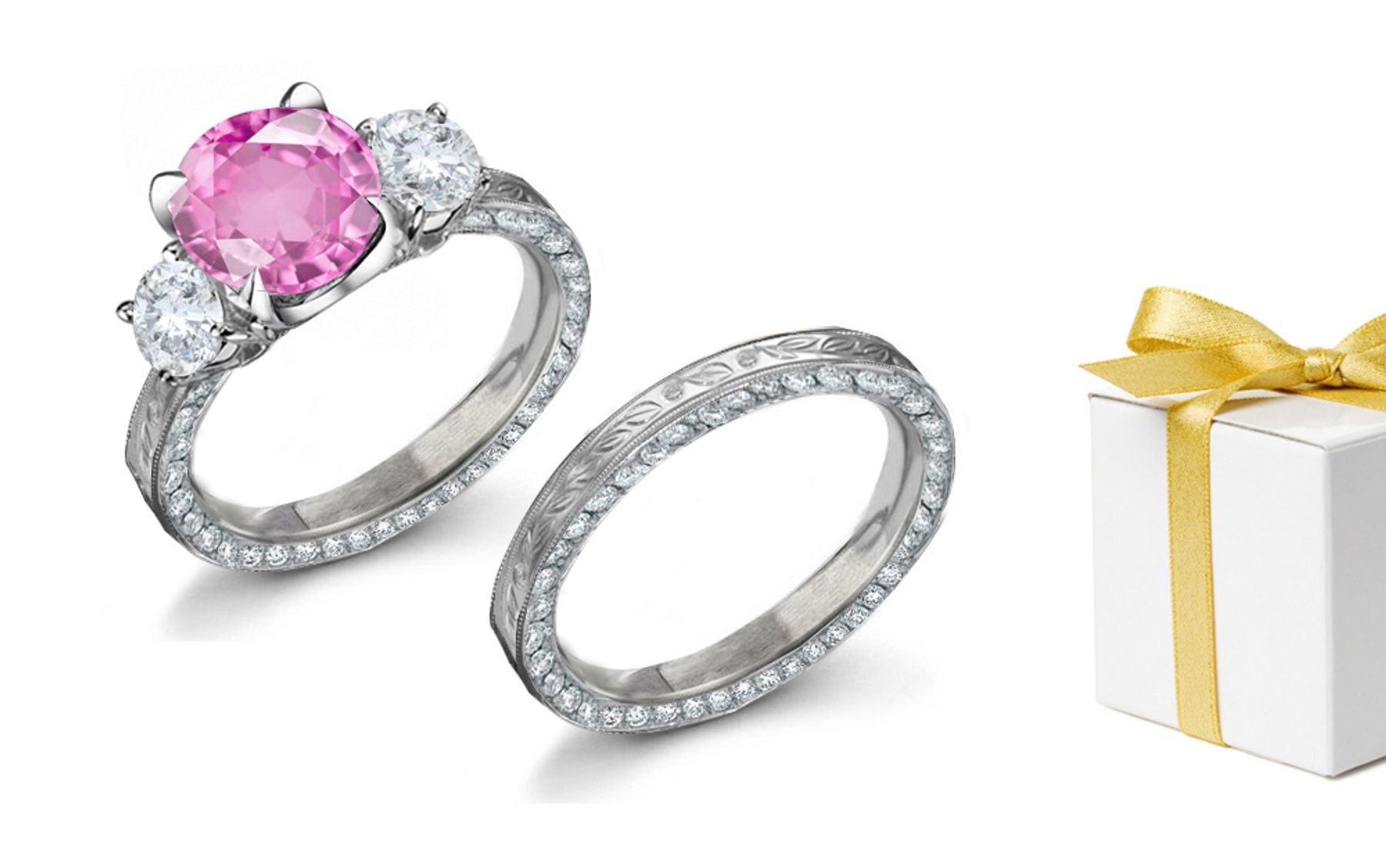 Hand Engraved: Pink Sapphire & Diamond Ring