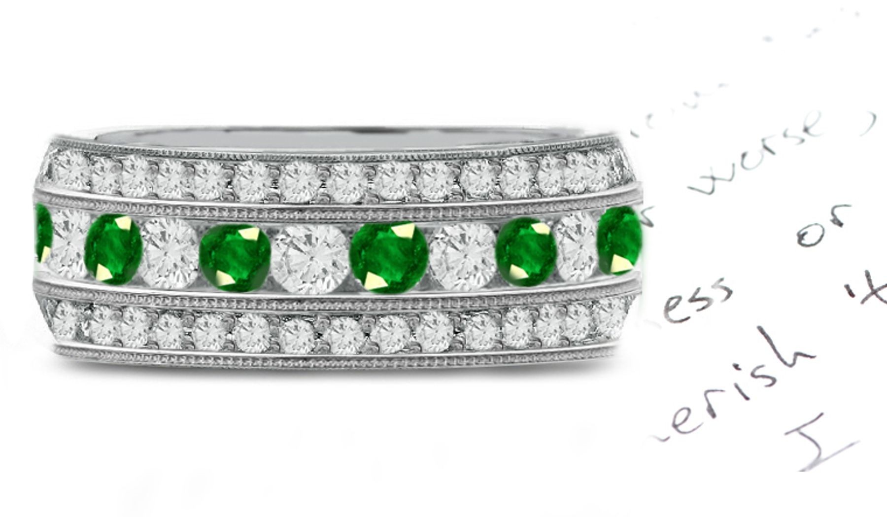 "Innovatively Unique Design ": Gold & Emerald & Diamond Eternity Wedding Band with A Most Brilliant Green Form